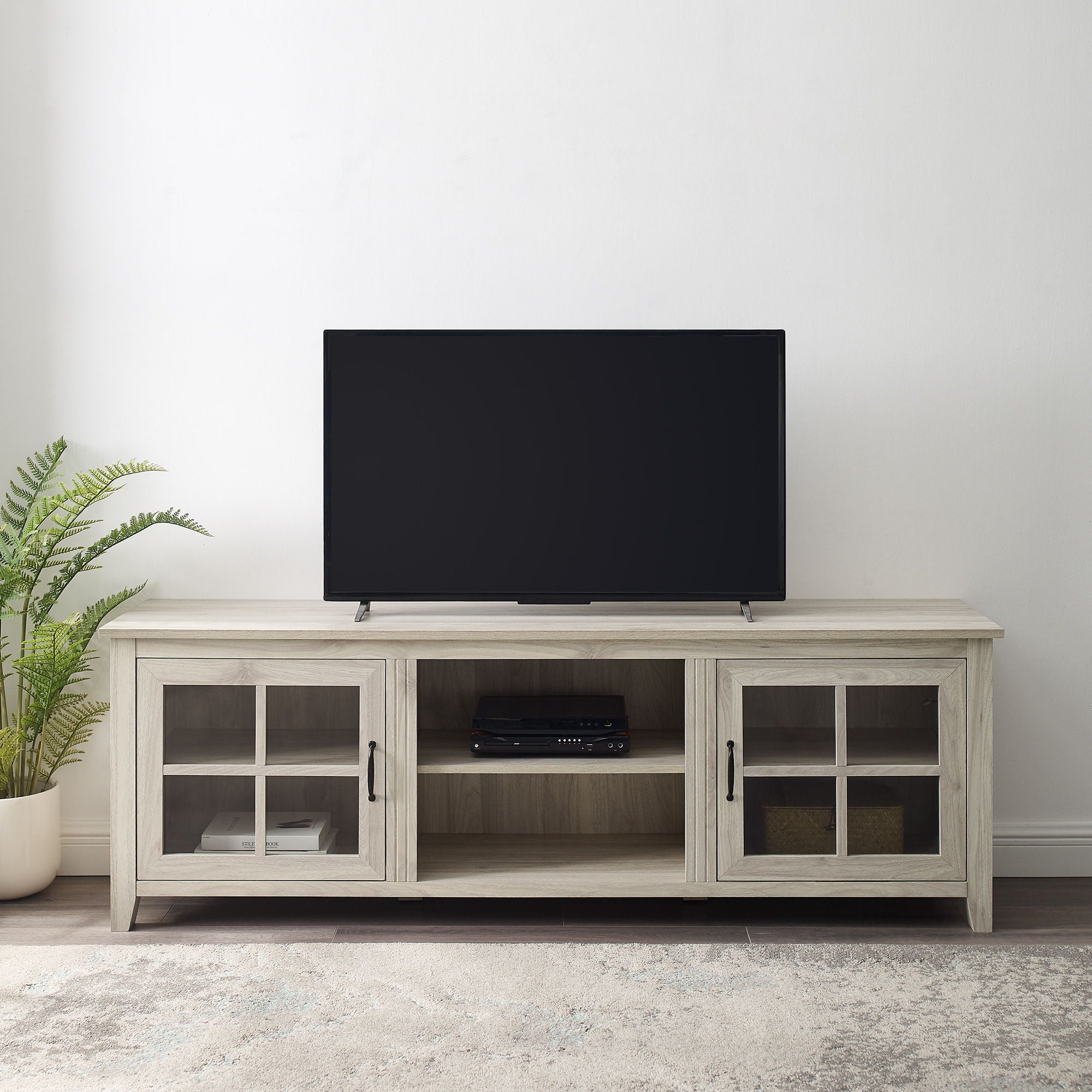 Modern Farmhouse 2 Door Glass Windowpane 70&quot; TV Stand For 80&quot; TVs