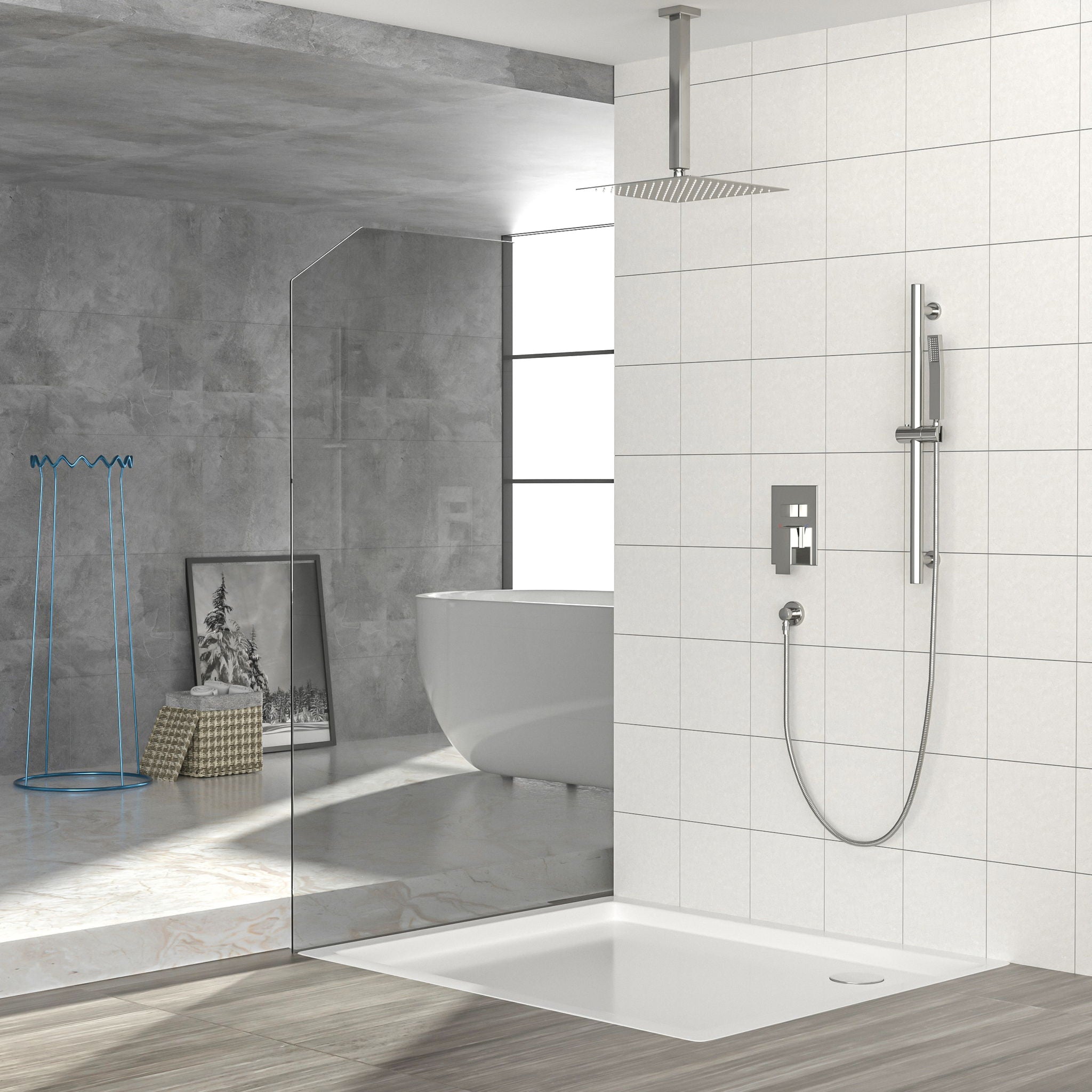Ceiling Mounted Square Shower System With Adjustable Slide Bar, 16&quot; Rainfall Shower With Handheld - Brushed Nickel