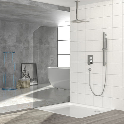 Ceiling Mounted Square Shower System With Adjustable Slide Bar, 16&quot; Rainfall Shower With Handheld - Brushed Nickel