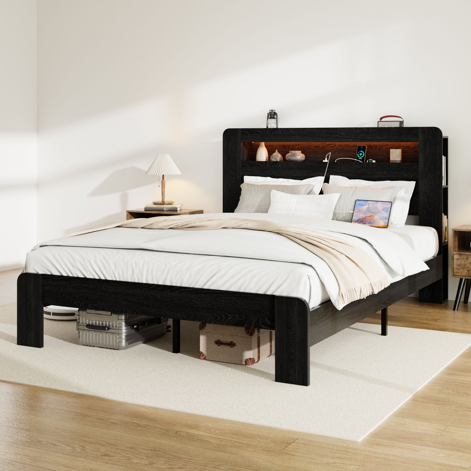 Wood Platform Bed Frame With Storage LED Light Headboard &amp; USB