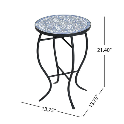 Outdoor Round Side Table With Mosaic Style Top And Curved Iron Legs