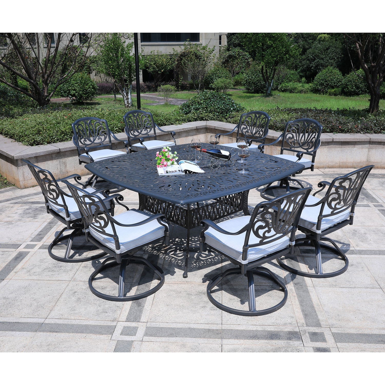 Square 8 Person 64&quot; Long Aluminum Dining Set With Cushions