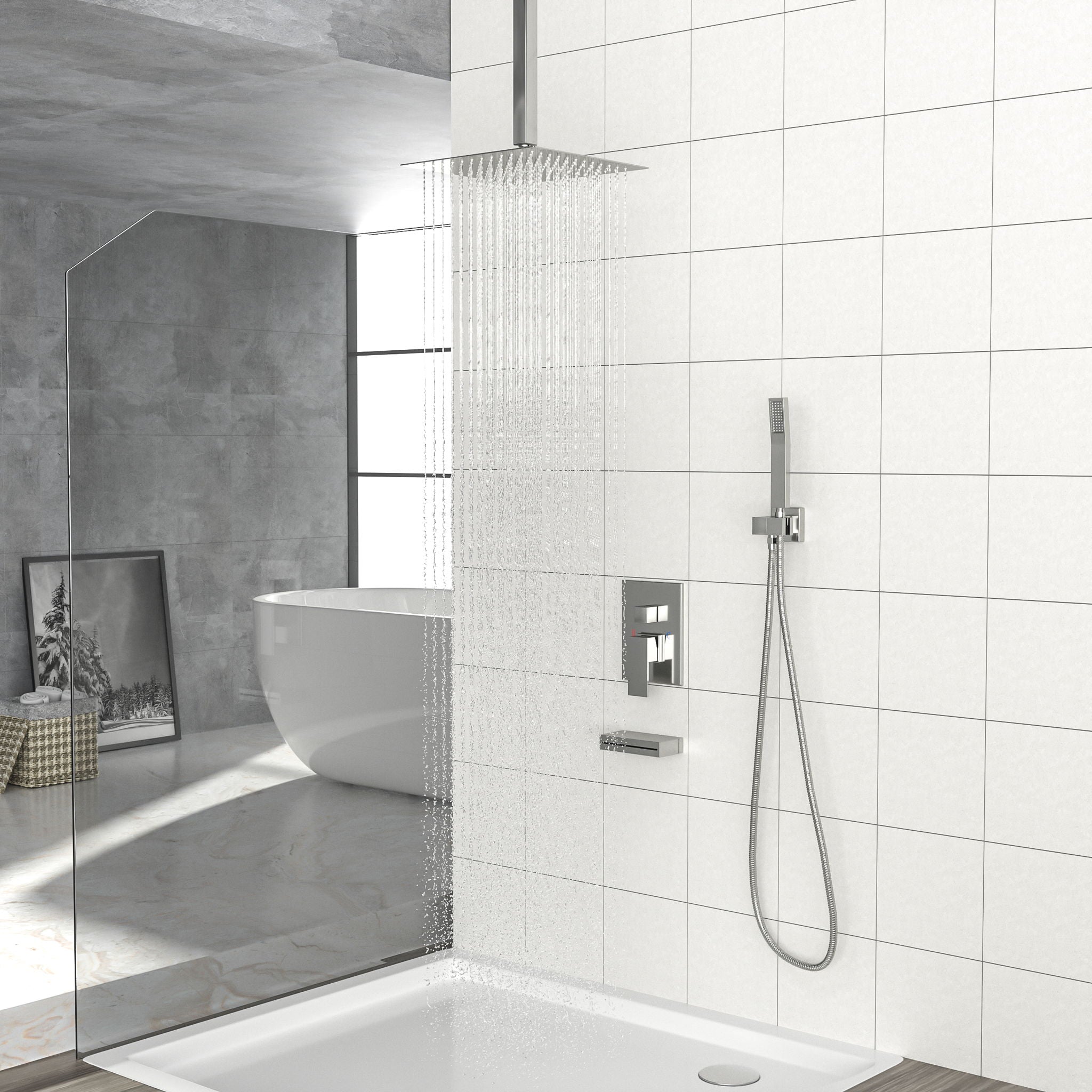 12&quot; Ceiling Mount Square Shower System With Waterfall Tub Spout And Handheld Shower