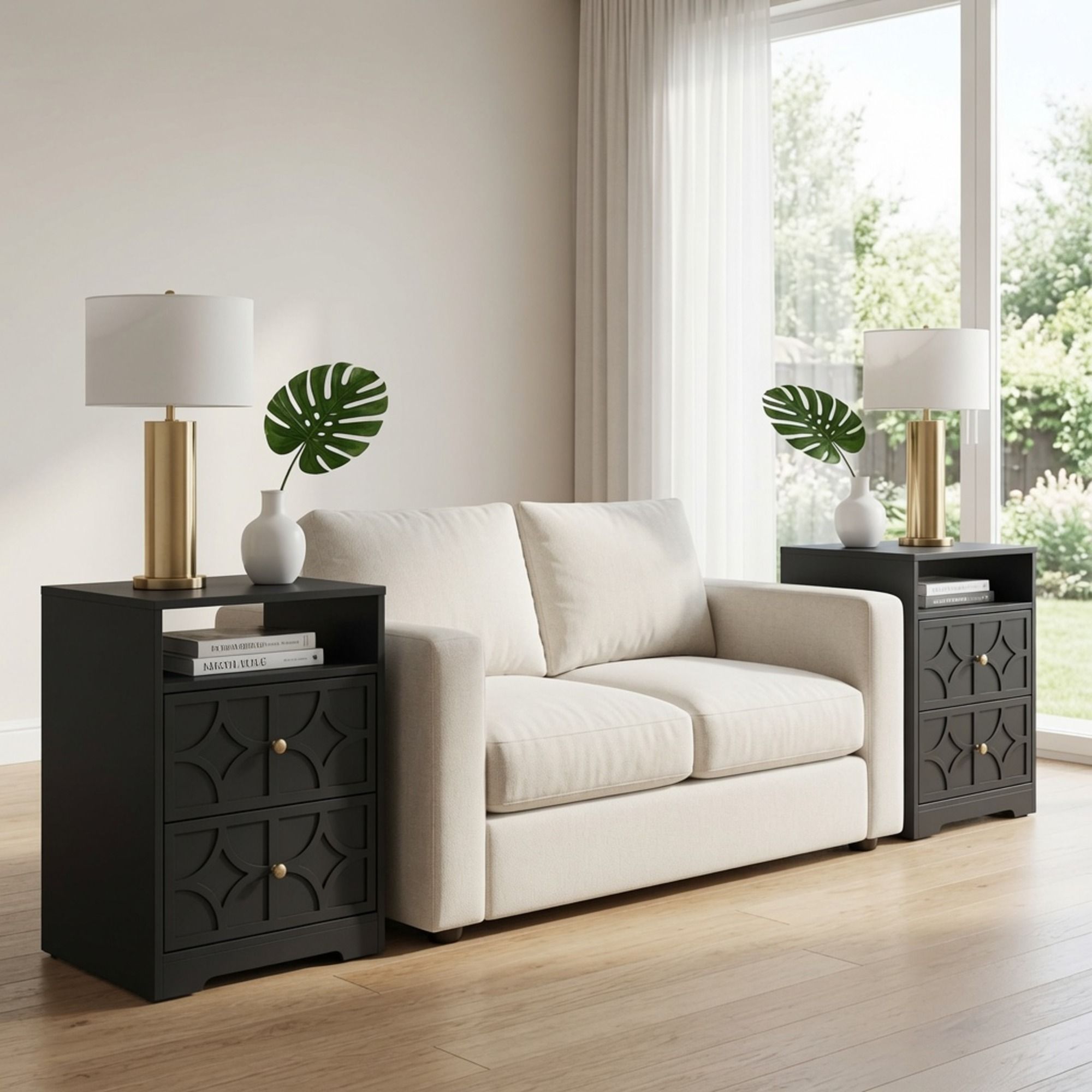 Nightstand With Diamond Carvings Handles, 2 Drawers &amp; Charging Station