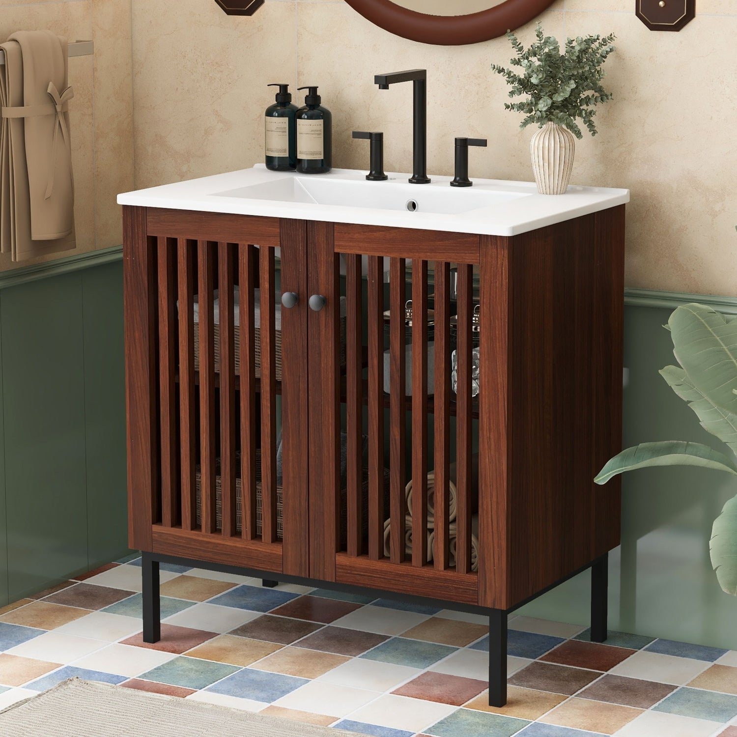 30&quot; Vintage Bathroom Vanity With Ceramic Sink, Modern Bathroom Vanity Cabinet With 2 Soft Close Doors, Equpiied With 4 Sturdy Iron Legs - Antique Dark Brown