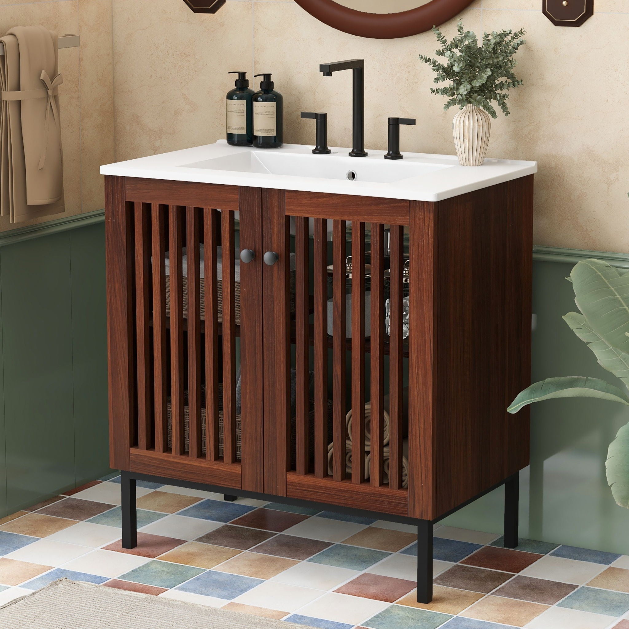 30&quot; Vintage Bathroom Vanity With Ceramic Sink, Modern Bathroom Vanity Cabinet With 2 Soft Close Doors, Equpiied With 4 Sturdy Iron Legs - Antique Dark Brown