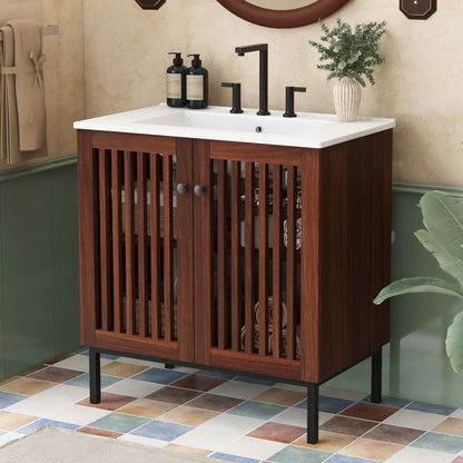 30&quot; Vintage Bathroom Vanity With Ceramic Sink, Modern Bathroom Vanity Cabinet With 2 Soft Close Doors, Equpiied With 4 Sturdy Iron Legs - Antique Dark Brown