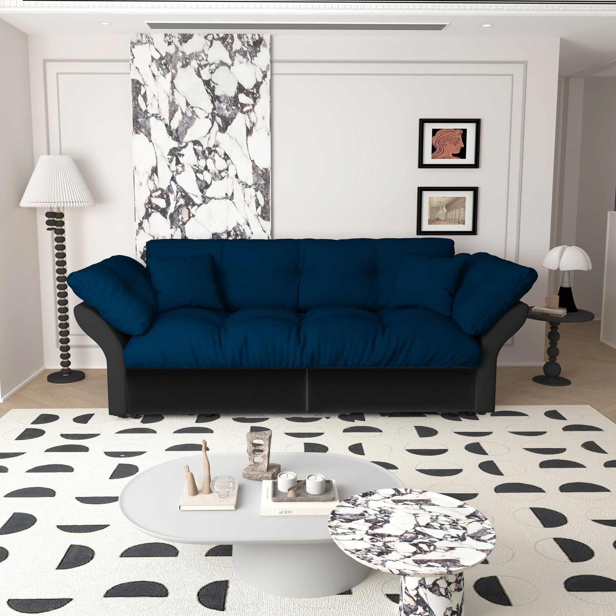 Queen Pull Out, 3 In 1 Convertible Sleeper Tufted Sofa &amp; 2 Soft Pillows