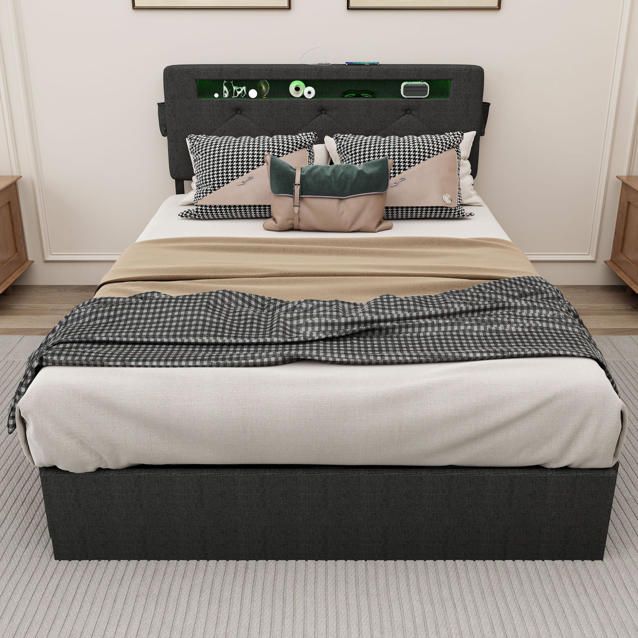Bed With USB Charging Station, LED Lights, Headboard &amp; Storage Drawers