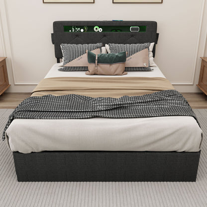 Bed With USB Charging Station, LED Lights, Headboard &amp; Storage Drawers