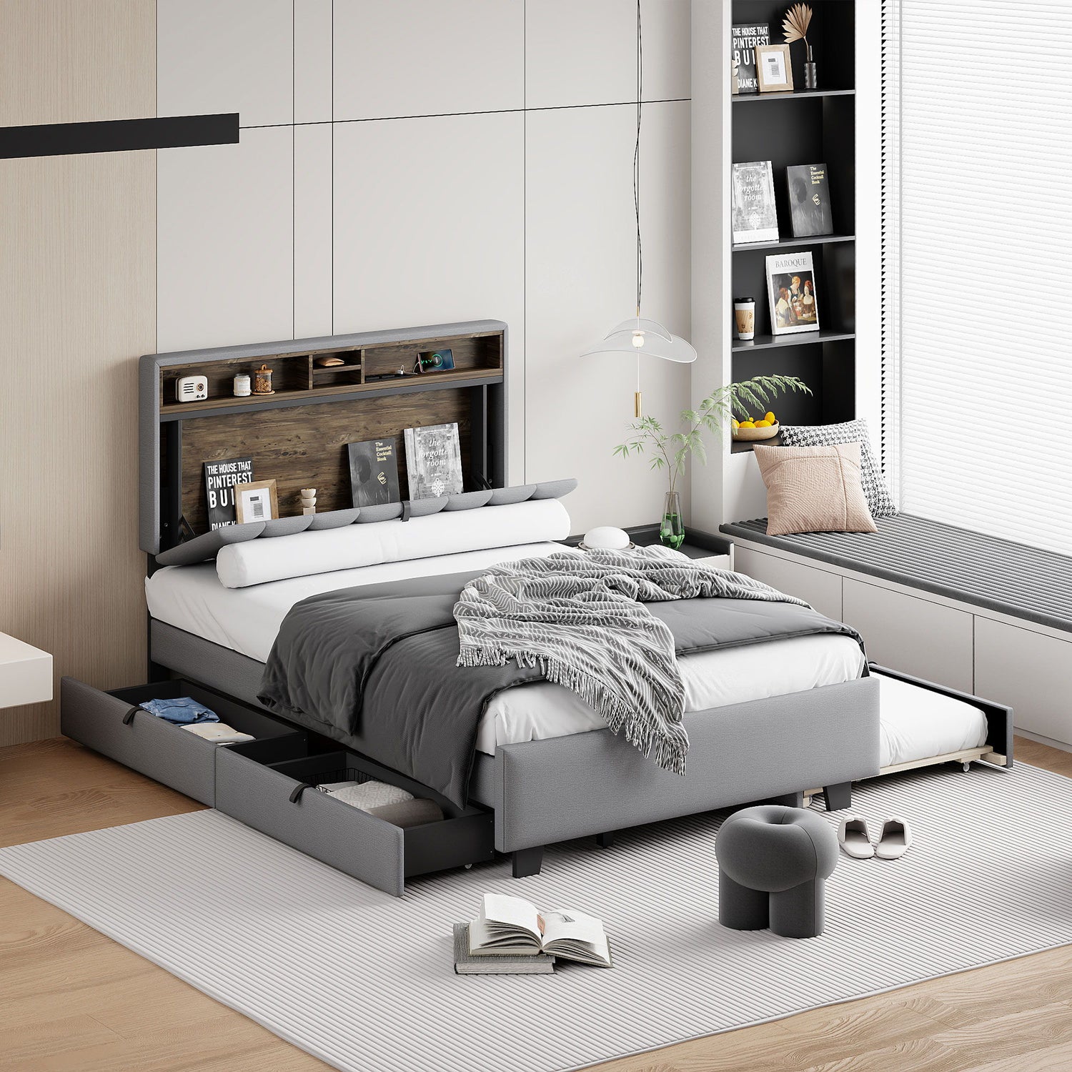 Upholstered Platform Bed With Storage Headboard, Trundle &amp; 2 Drawers And A Set Of Sockets &amp; USB Ports