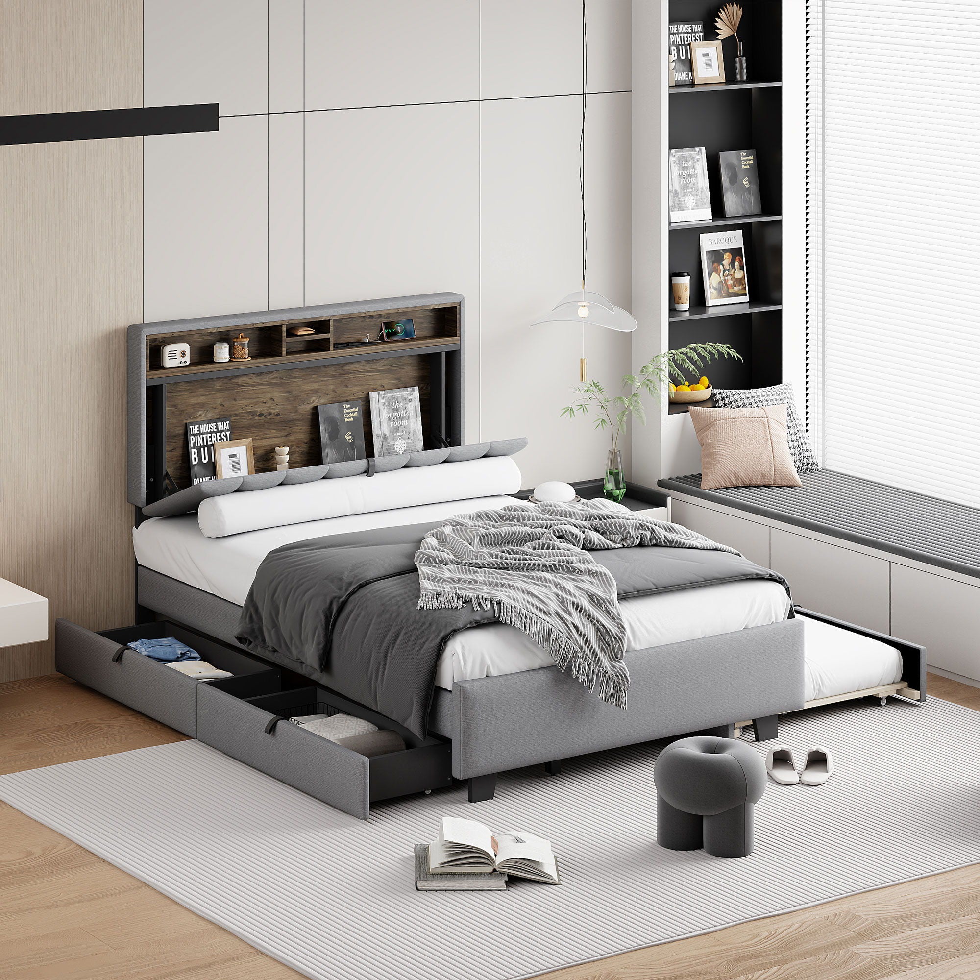Upholstered Platform Bed With Storage Headboard, Trundle &amp; 2 Drawers And A Set Of Sockets &amp; USB Ports