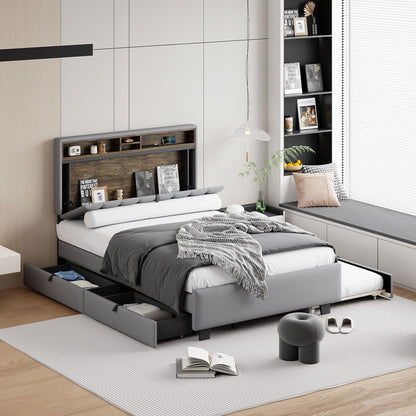 Upholstered Platform Bed With Storage Headboard, Trundle &amp; 2 Drawers And A Set Of Sockets &amp; USB Ports