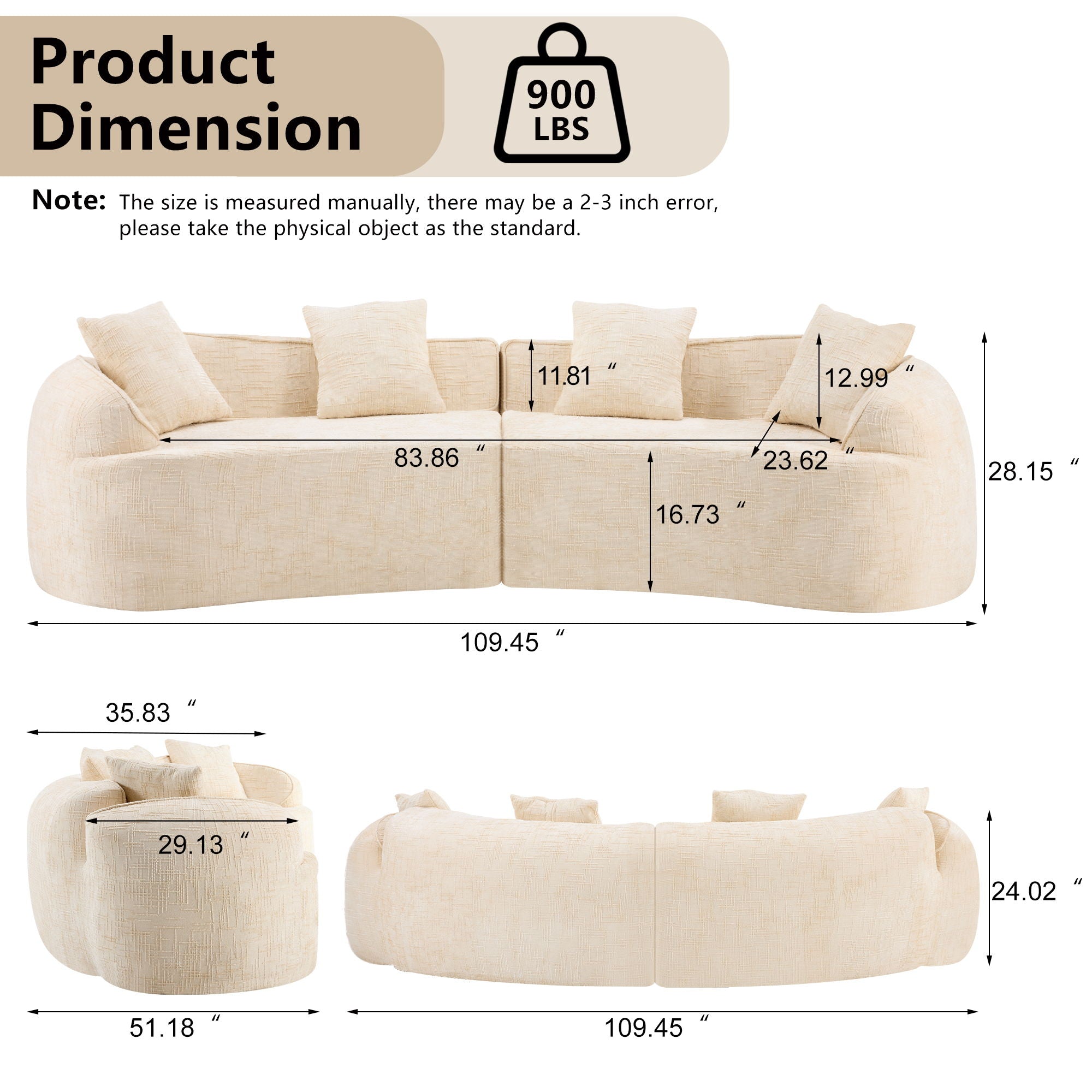Curved Compressed Sofa, Nordic-Style Design For Living Room