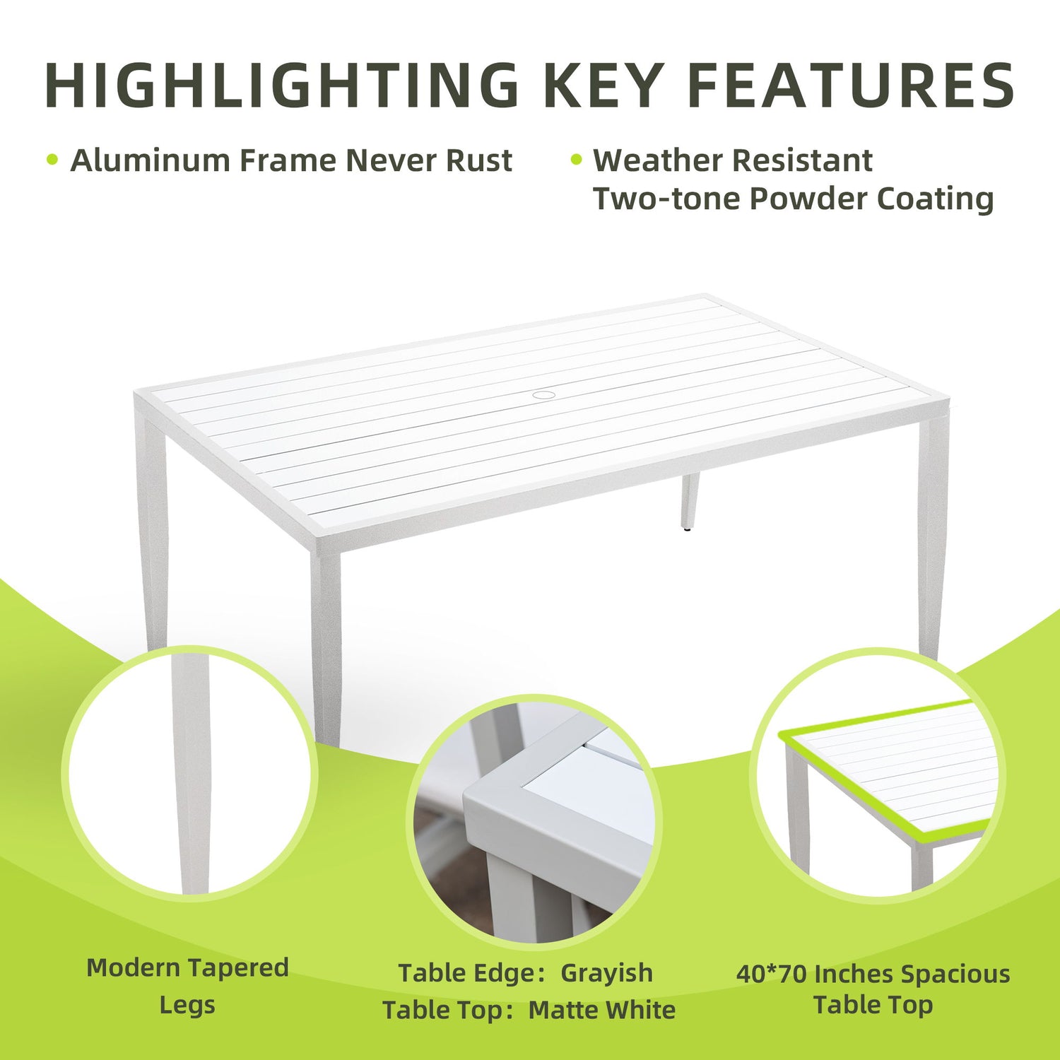 Outdoor Patio Dining Table With Tapered Feet &amp; Umbrella Hole
