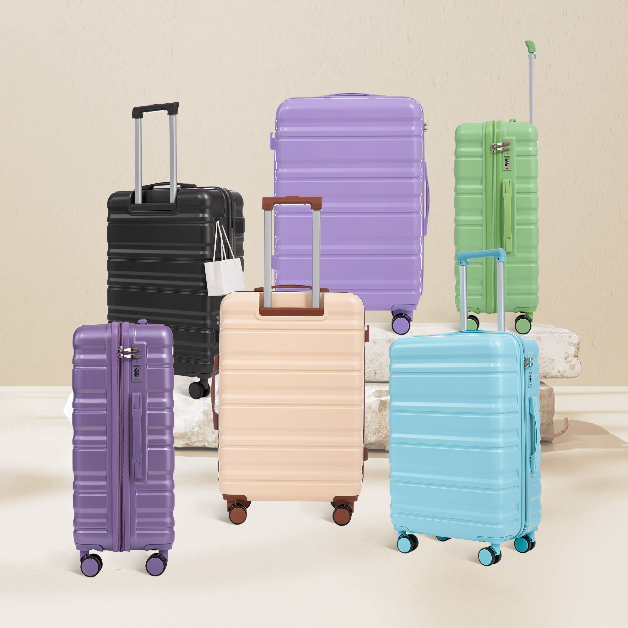 3 Piece 20" / 24" / 28" Spinner Luggage Set &amp; Combination Lock, Durable Hard Shell With 360° Silent Wheels - Blue / Purple