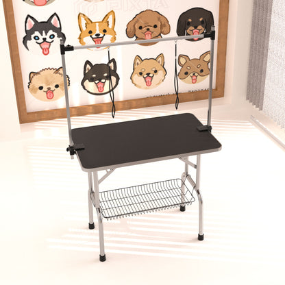Professional Dog Pet Grooming Table Adjustable Heavy Duty Portable With Arm &amp; Noose &amp; Mesh Tray - Black