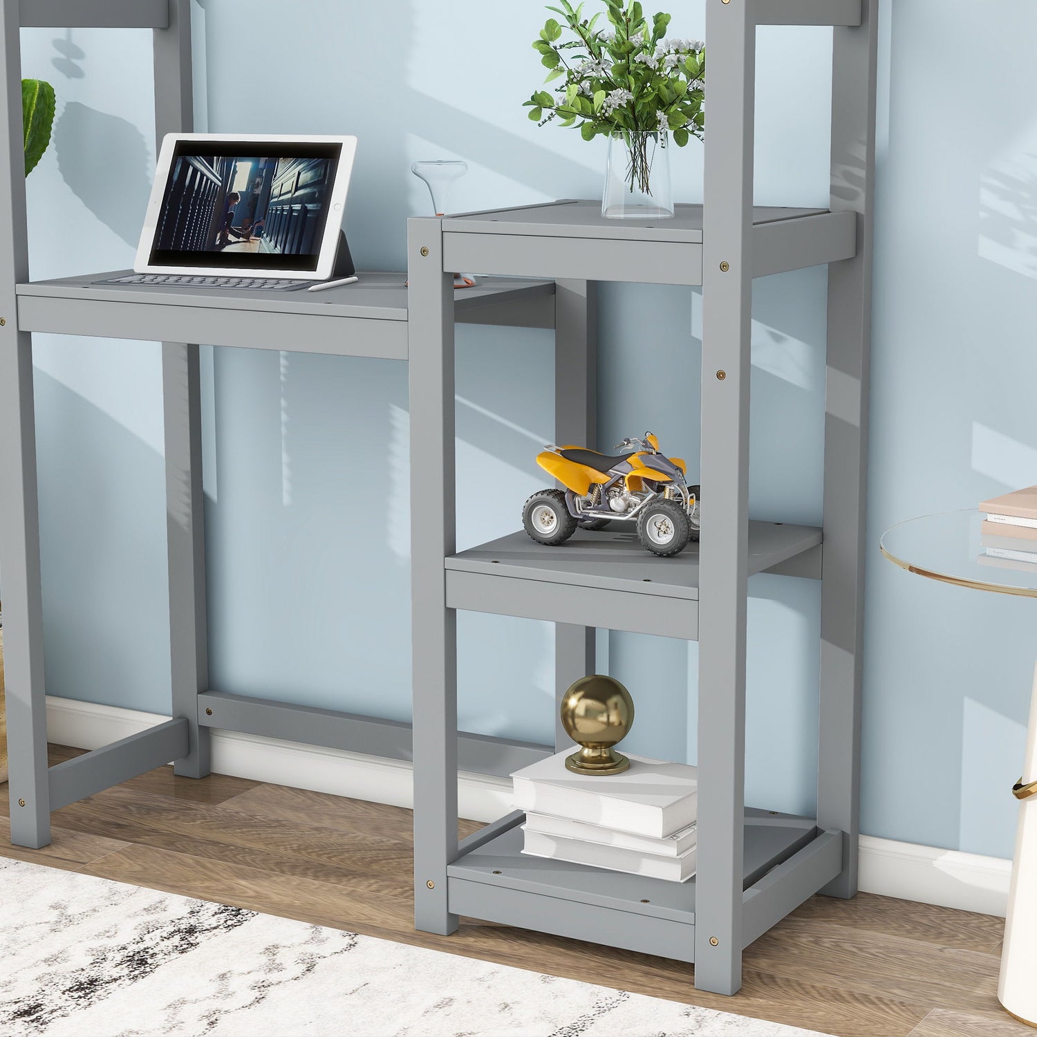 House-Shaped Wooden Writing Desk, Kids Study Table, Bookshelf &amp; Toy Storage