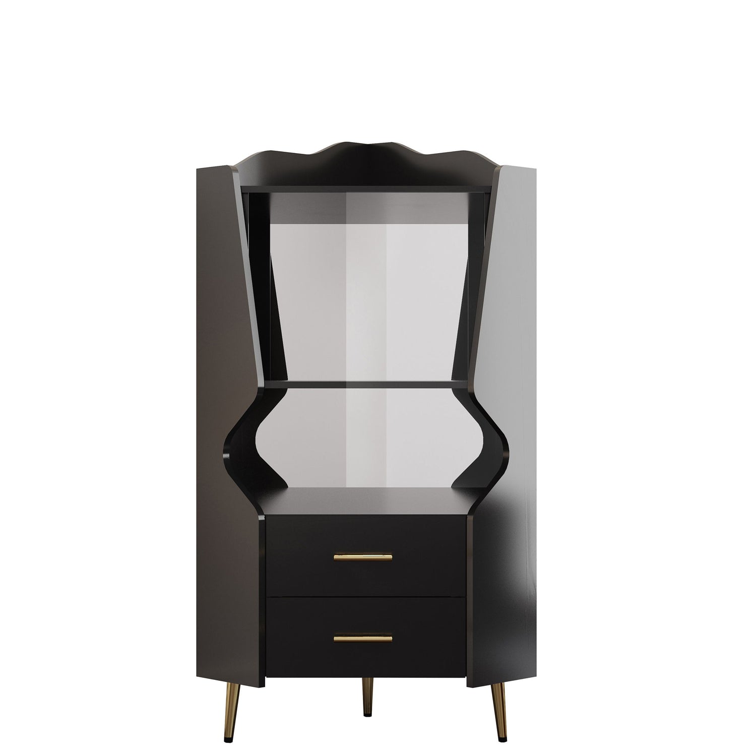 Corner Bar Cabinet With Mirrored Back, 2 Open Shelves &amp; 2 Drawers, High Legs For Easy Cleaning