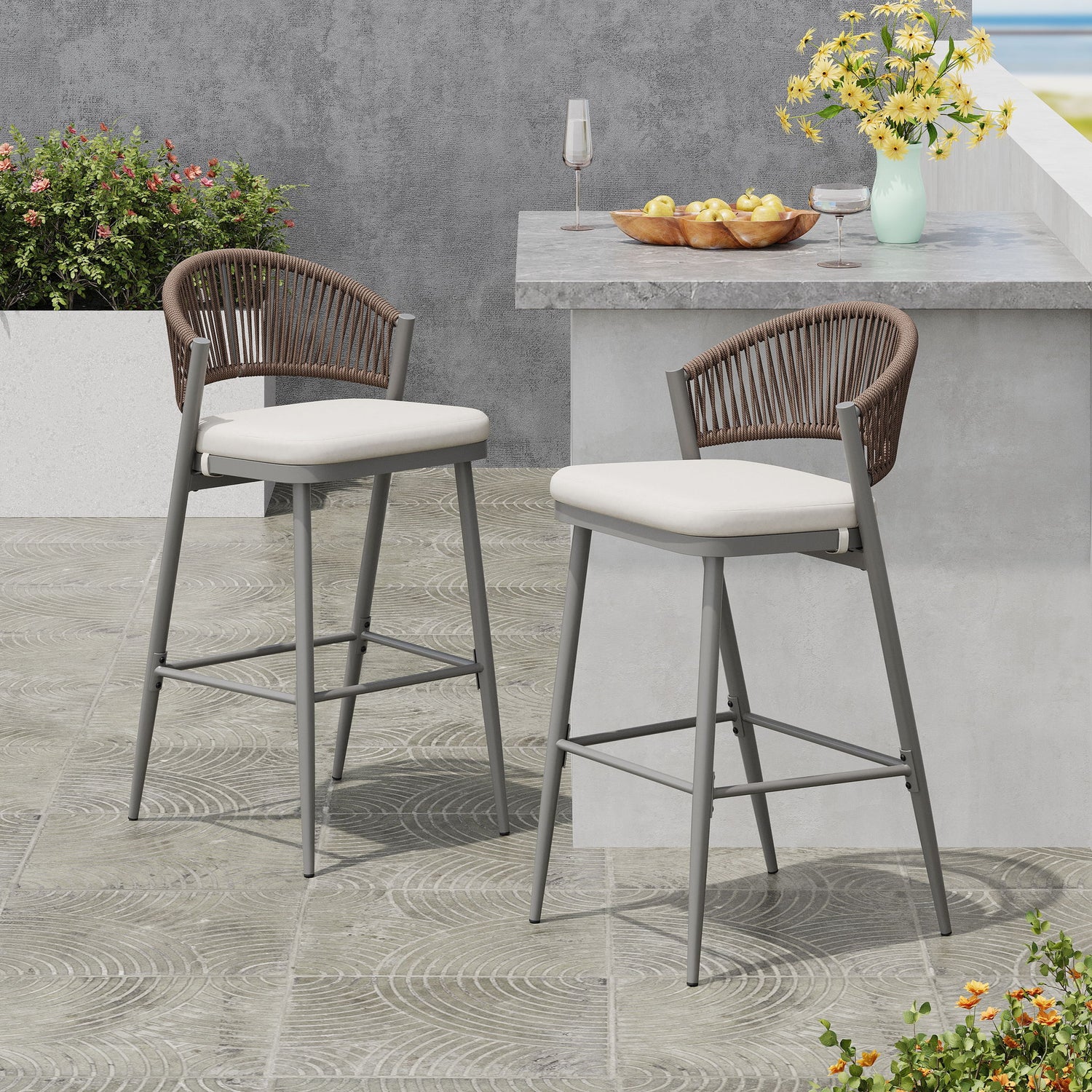 Outdoor Bar Height Metal Frame Counter Stools With Scallop Shaped Backrest &amp; Water Resistant Cushions