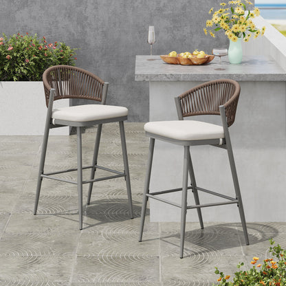 Outdoor Bar Height Metal Frame Counter Stools With Scallop Shaped Backrest &amp; Water Resistant Cushions
