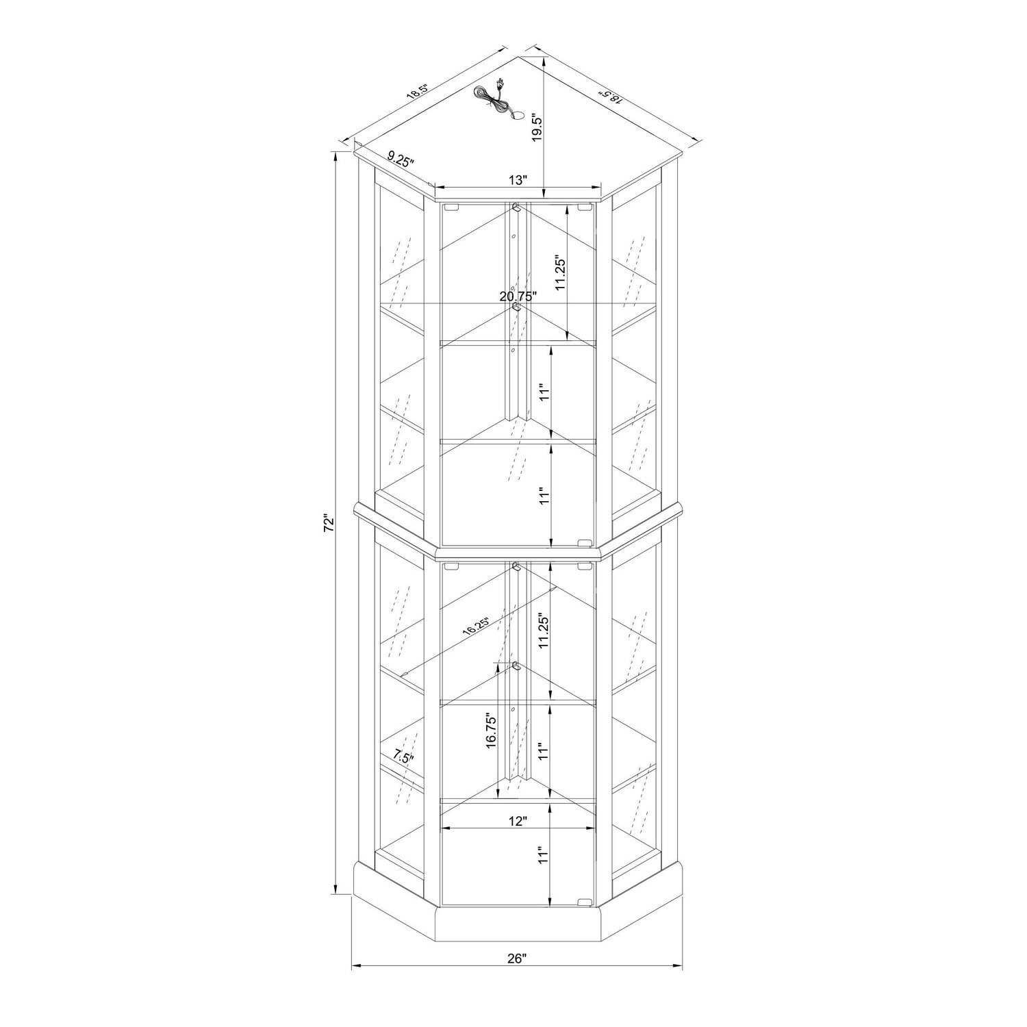 6 Shelf Corner Curio Display Cabinet With Lights, Mirrors And Adjustable Shelves (E26 Light Bulb Not Included)