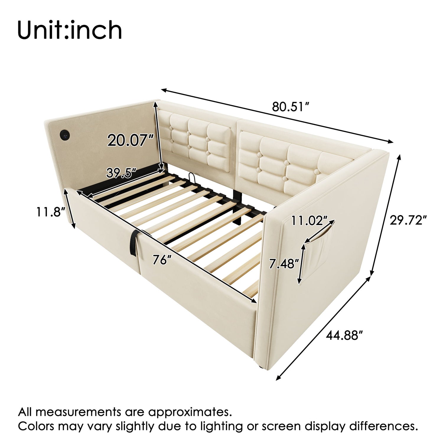 Upholstered Hydraulic Storage Daybed With USB &amp; Type C Charging