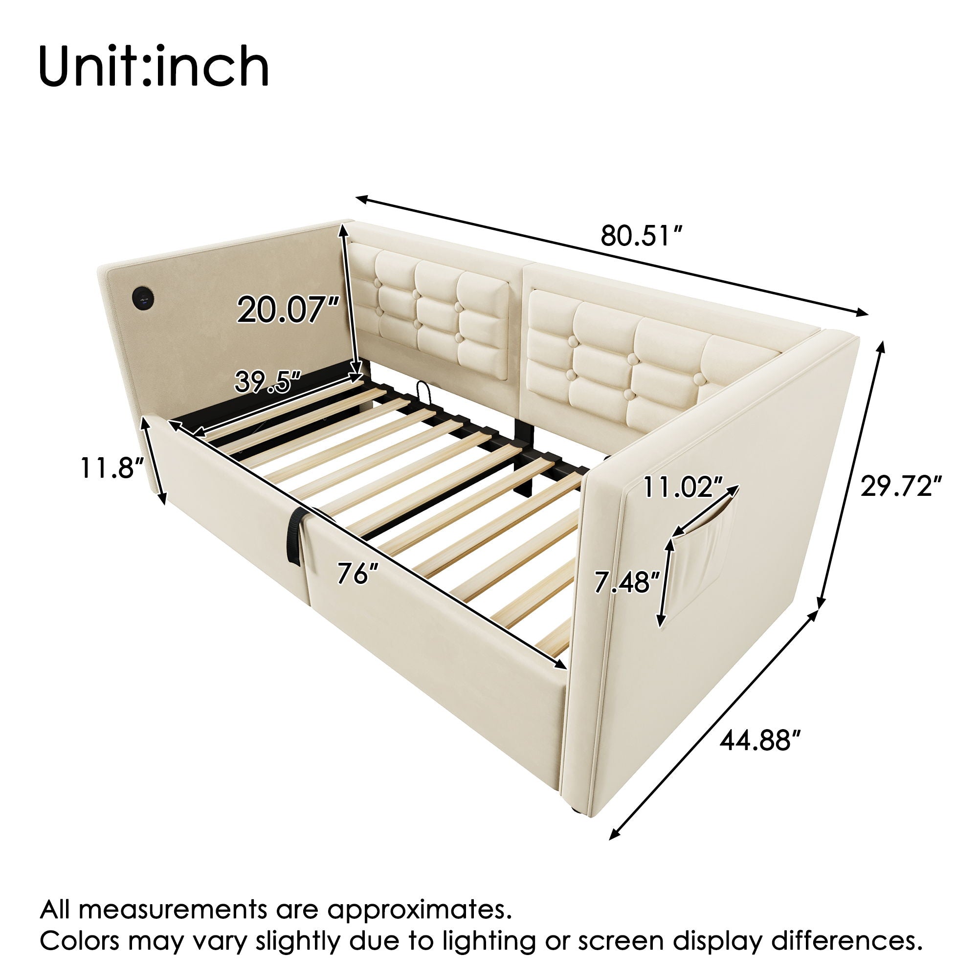 Upholstered Hydraulic Storage Daybed With USB &amp; Type C Charging