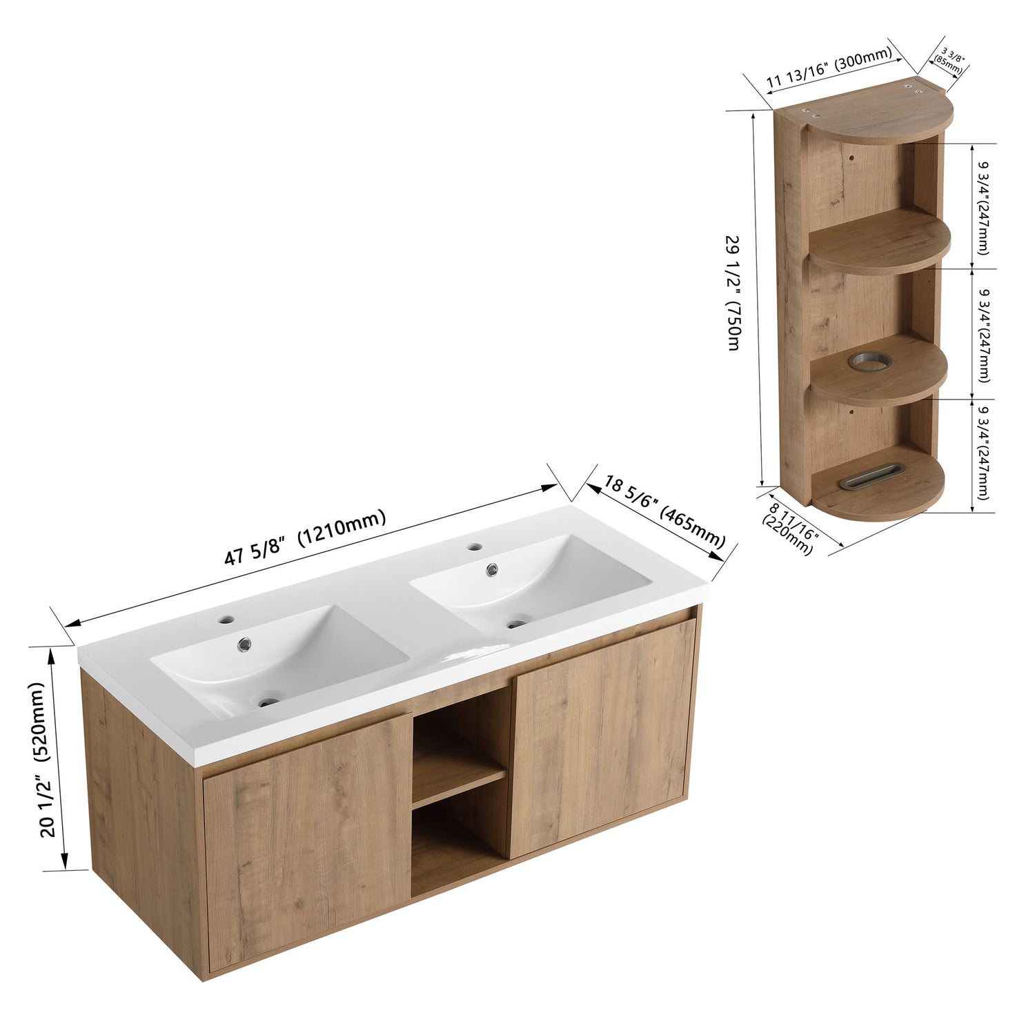48&quot; Wall Mounted Bathroom Vanity With Double Resin Sink And Storage Rack Soft Close Doors Plywood Construction - Imitative Oak