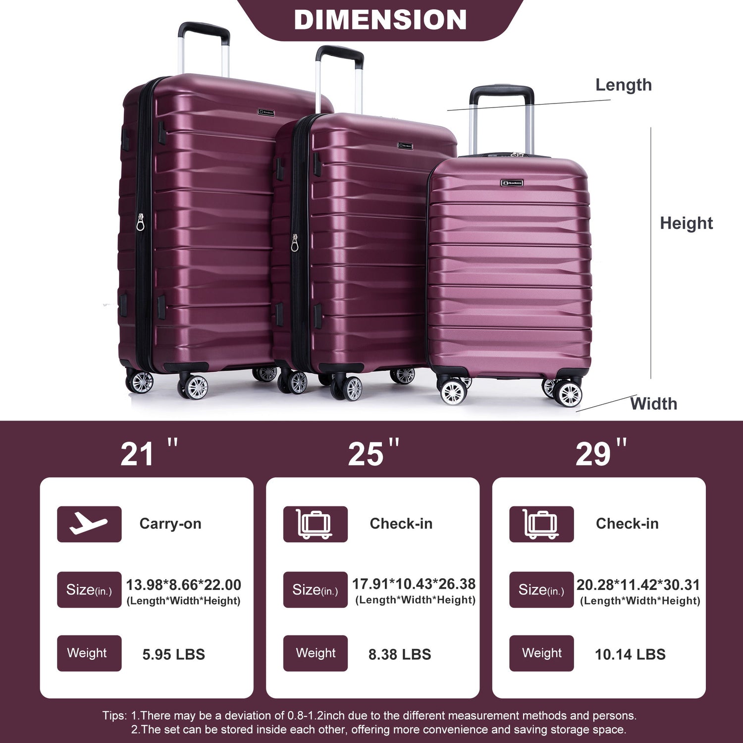 3 Piece Luggage Sets Lightweight &amp; Durable Expandable Suitcase With Two Hooks