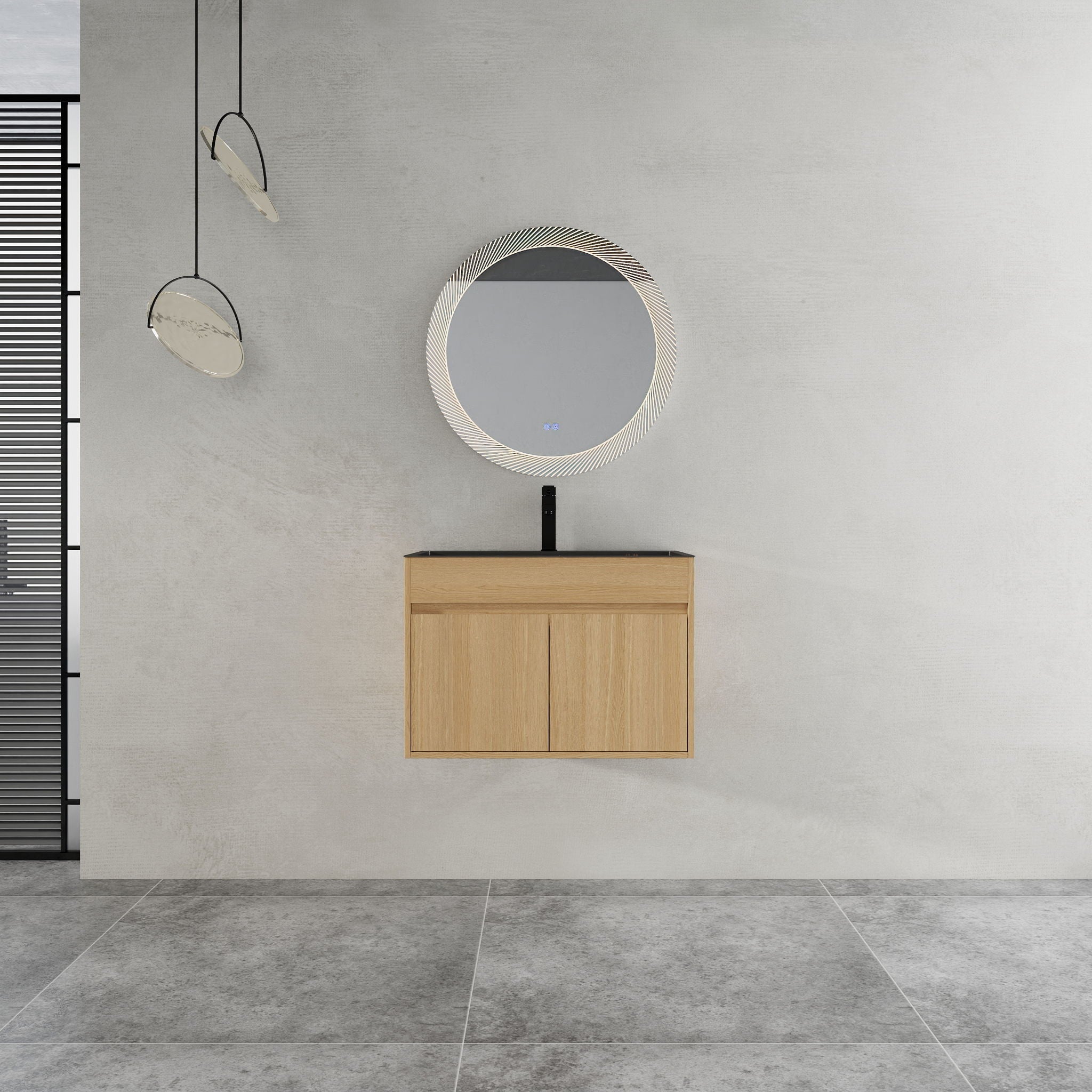 28" Wall Mounted Bathroom Vanity With Stainless Steel Sink, Soft Close Doors - Oak