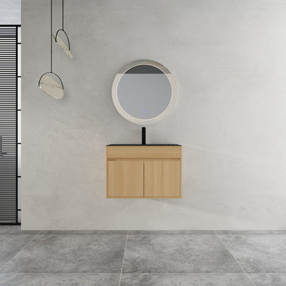 28" Wall Mounted Bathroom Vanity With Stainless Steel Sink, Soft Close Doors - Oak