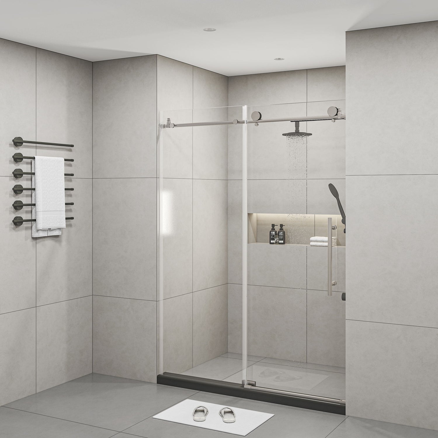 Frameless Shower Door, Clear Tempered Glass - Brushed Nickel