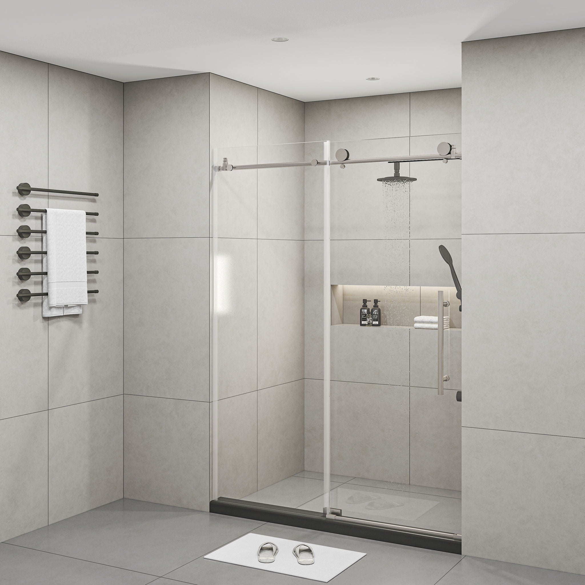 Frameless Shower Door, Clear Tempered Glass - Brushed Nickel
