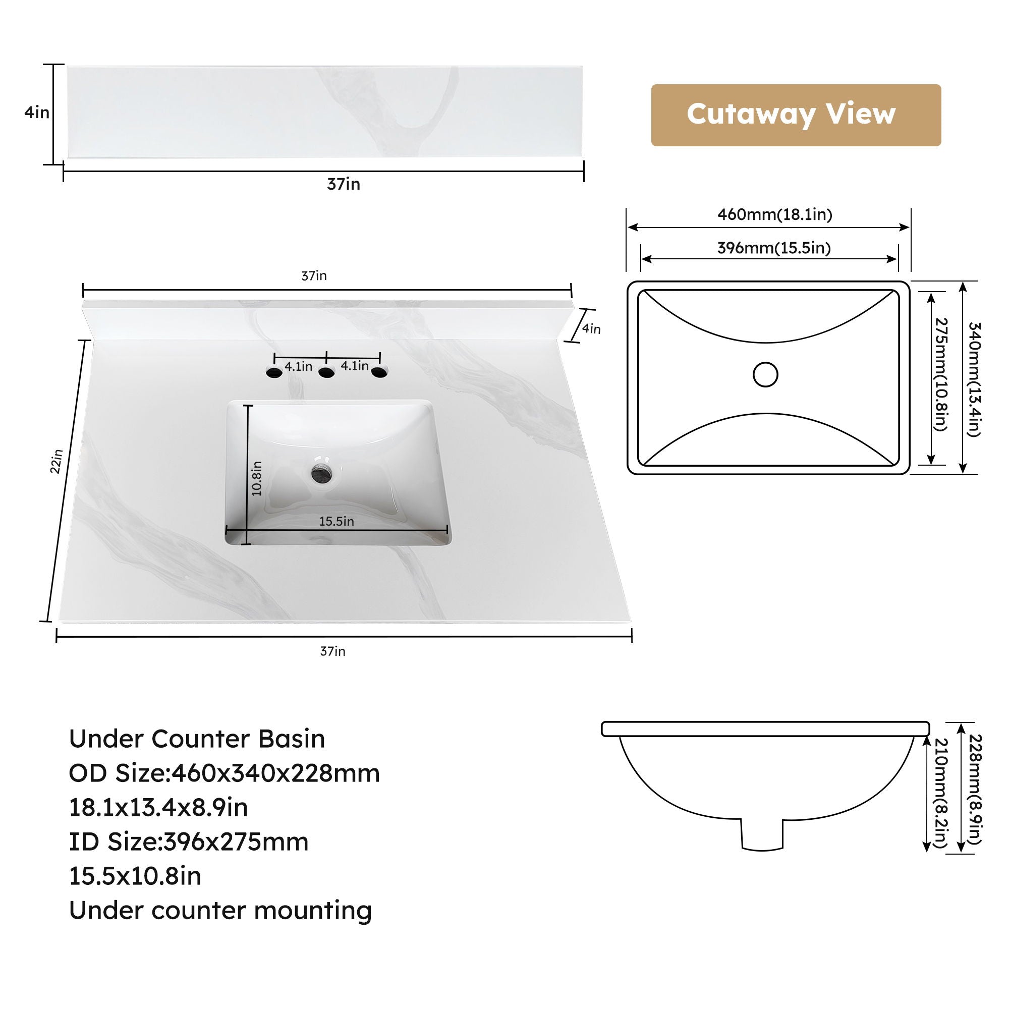 Bathroom Vanity Top With Undermount Sink, 3 Pre Drilled Holes