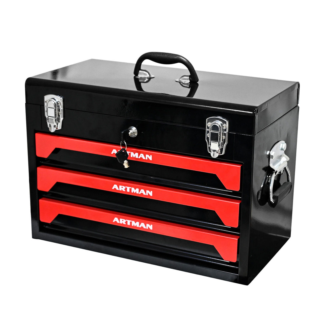Portable 20&quot; Steel Tool Box With 3 Drawers And Metal Latch Closure - Black / Red