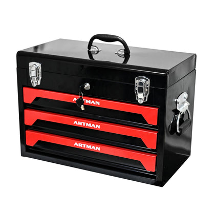 Portable 20&quot; Steel Tool Box With 3 Drawers And Metal Latch Closure - Black / Red