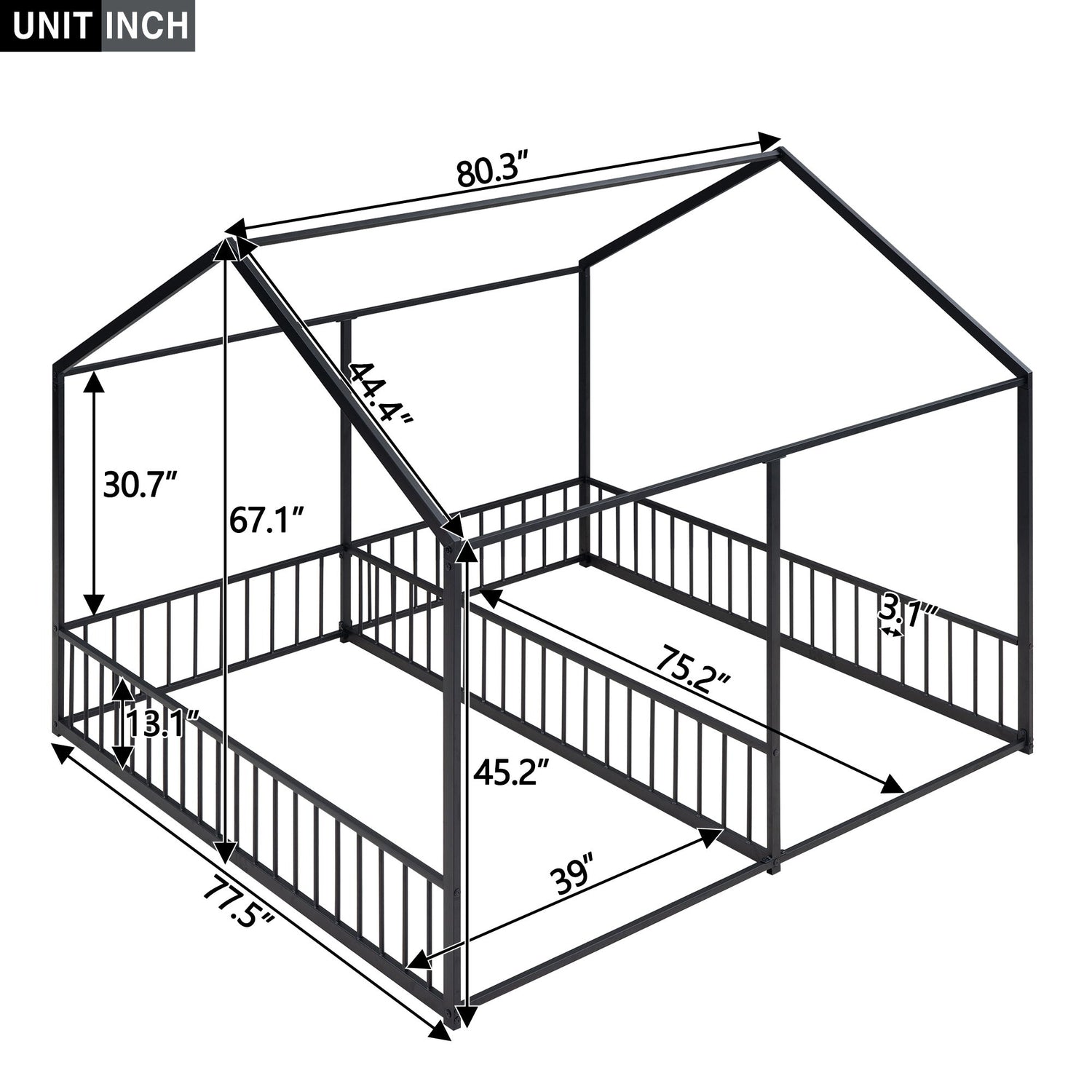 House Platform Beds, 2 Shared Beds, Metal Frame With Guardrails