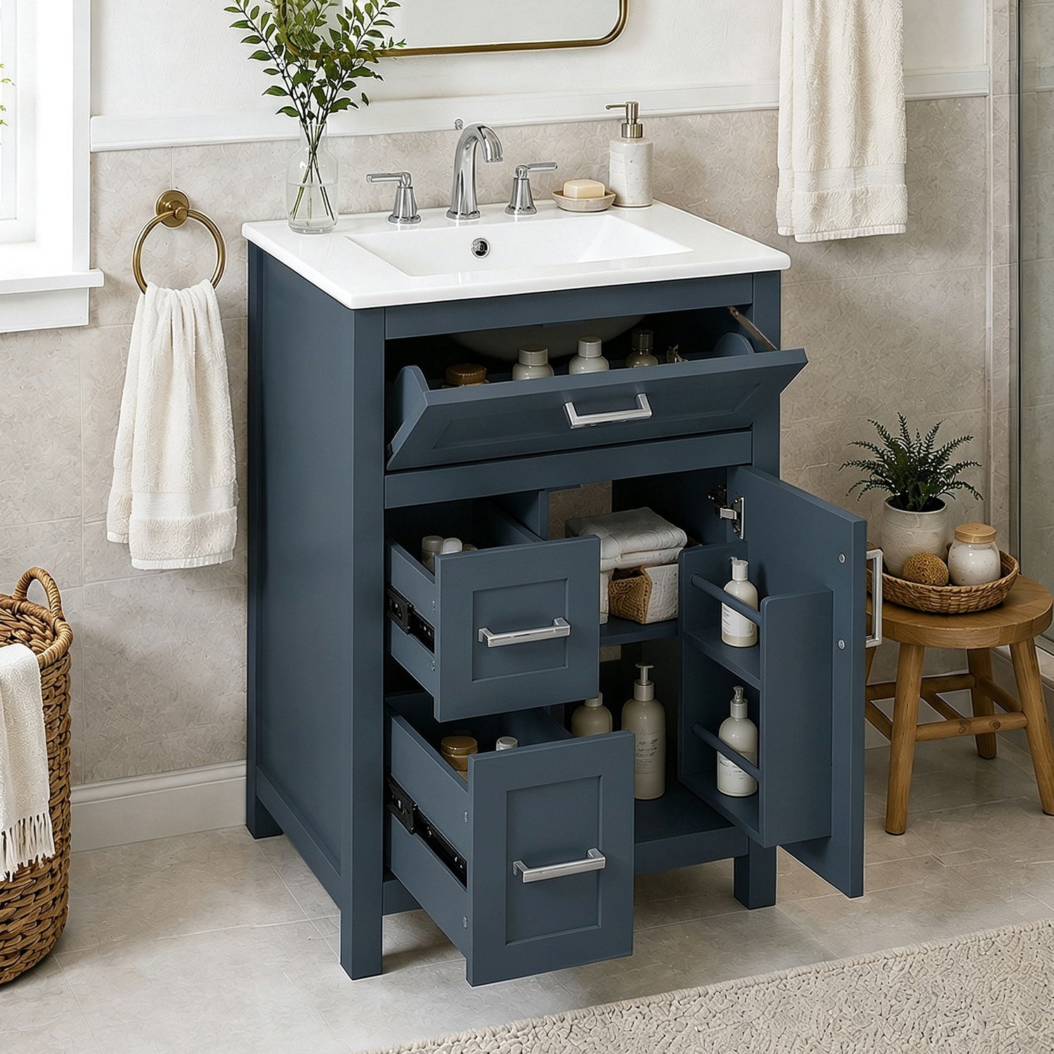 Modern Bathroom Vanity With Sink, Flip Drawer &amp; 2 Drawers, Soft Close Hinges, Adjustable Shelf