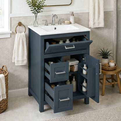 Modern Bathroom Vanity With Sink, Flip Drawer &amp; 2 Drawers, Soft Close Hinges, Adjustable Shelf