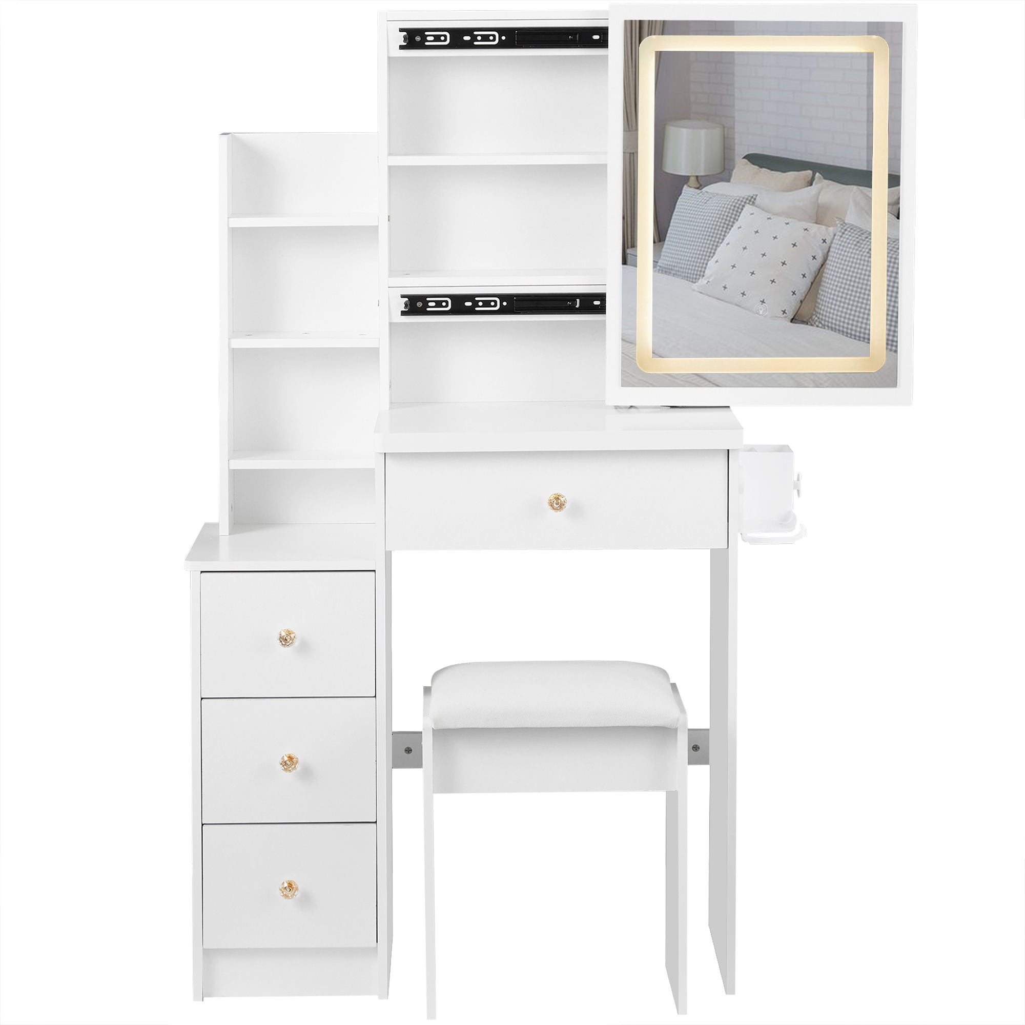 Cabinet Vanity Table &amp; Cushioned Stool, USB Power Station, Hair Dryer Bracket - White