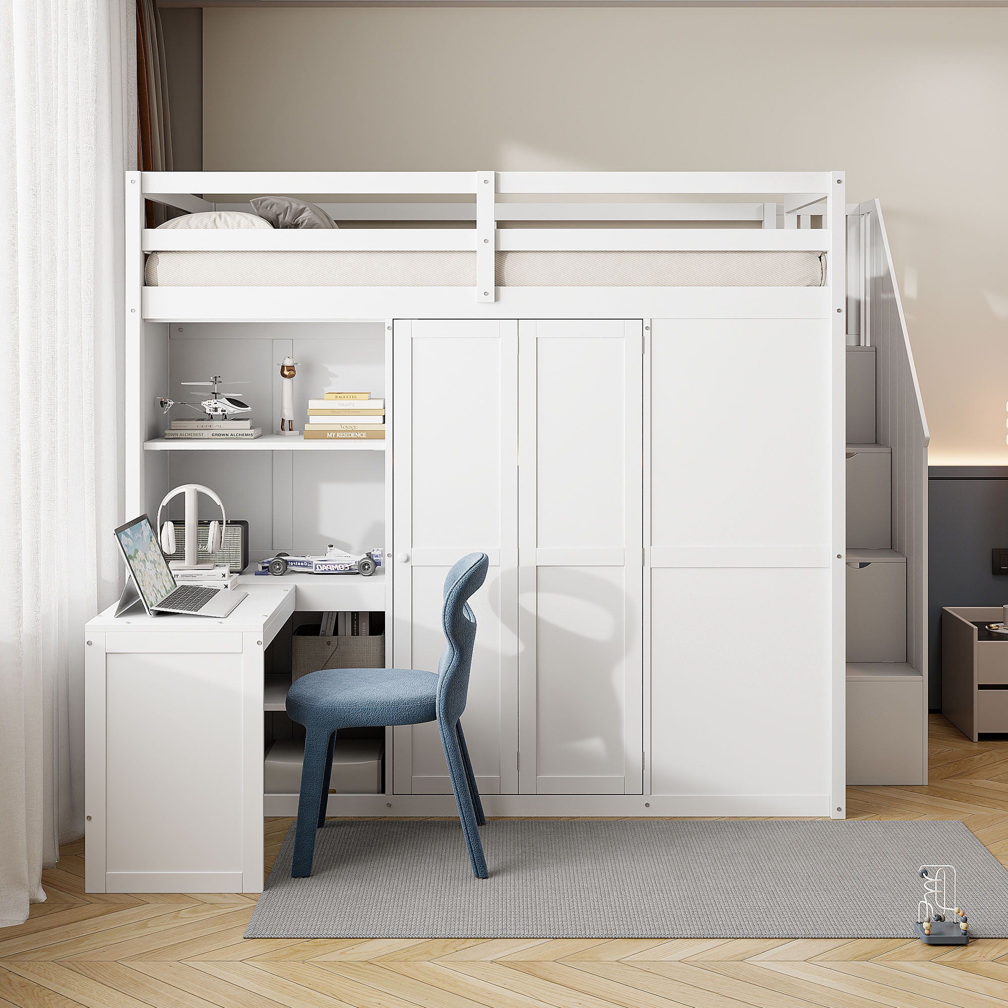 Loft Bed With Wardrobe, Desk And Shelves