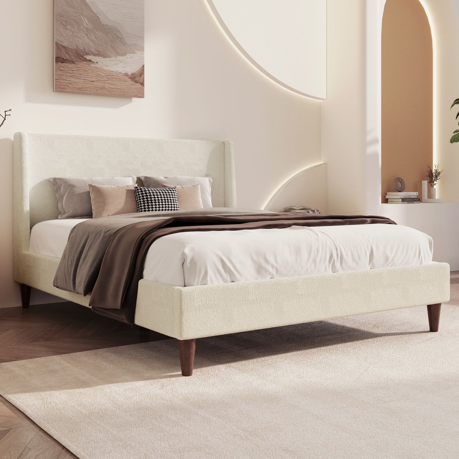 Upholstered Modern Platform Bed With Wingback Headboard