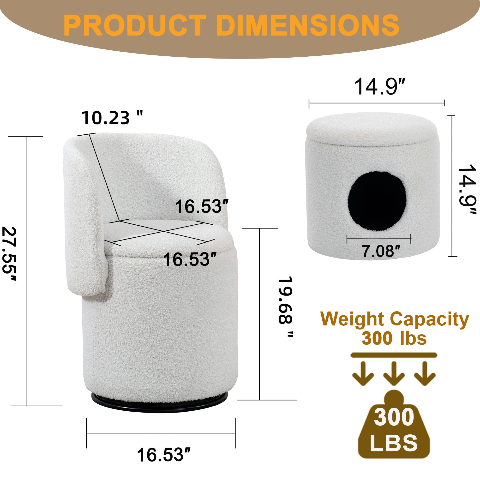 Barrel Chair &amp; Built In Storage, 360° Swivel - Beige