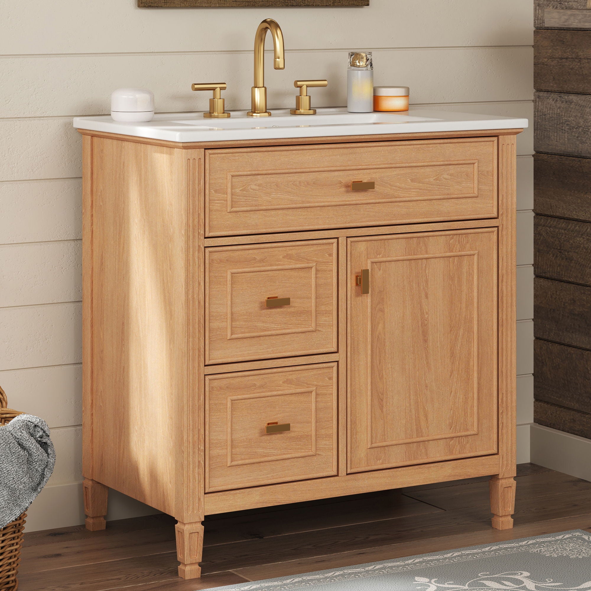 Bathroom Vanity With Sink, Flip Drawer &amp; Adjustable Shelf - Natural