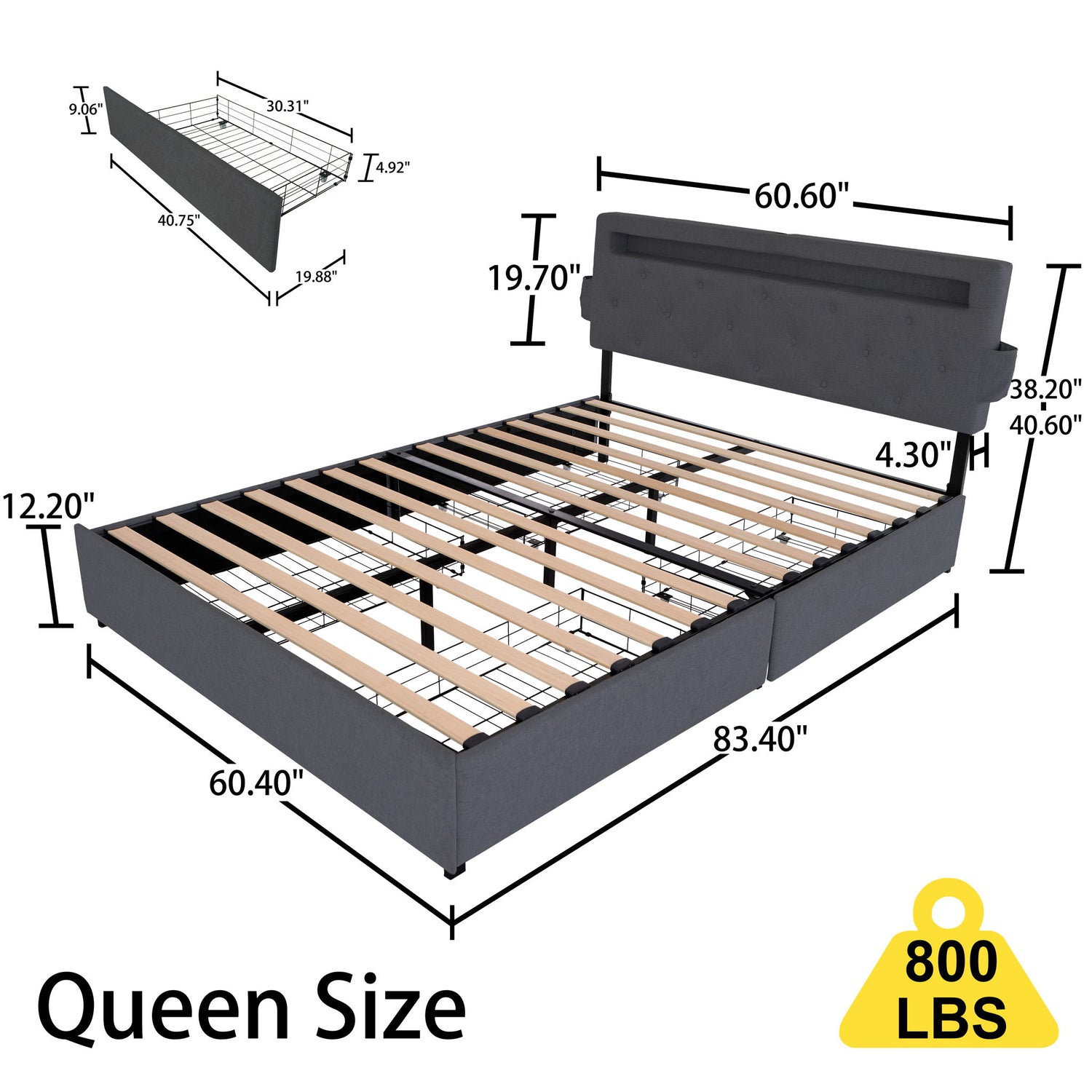 Bed With USB Charging Station, LED Lights, Headboard &amp; Storage Drawers