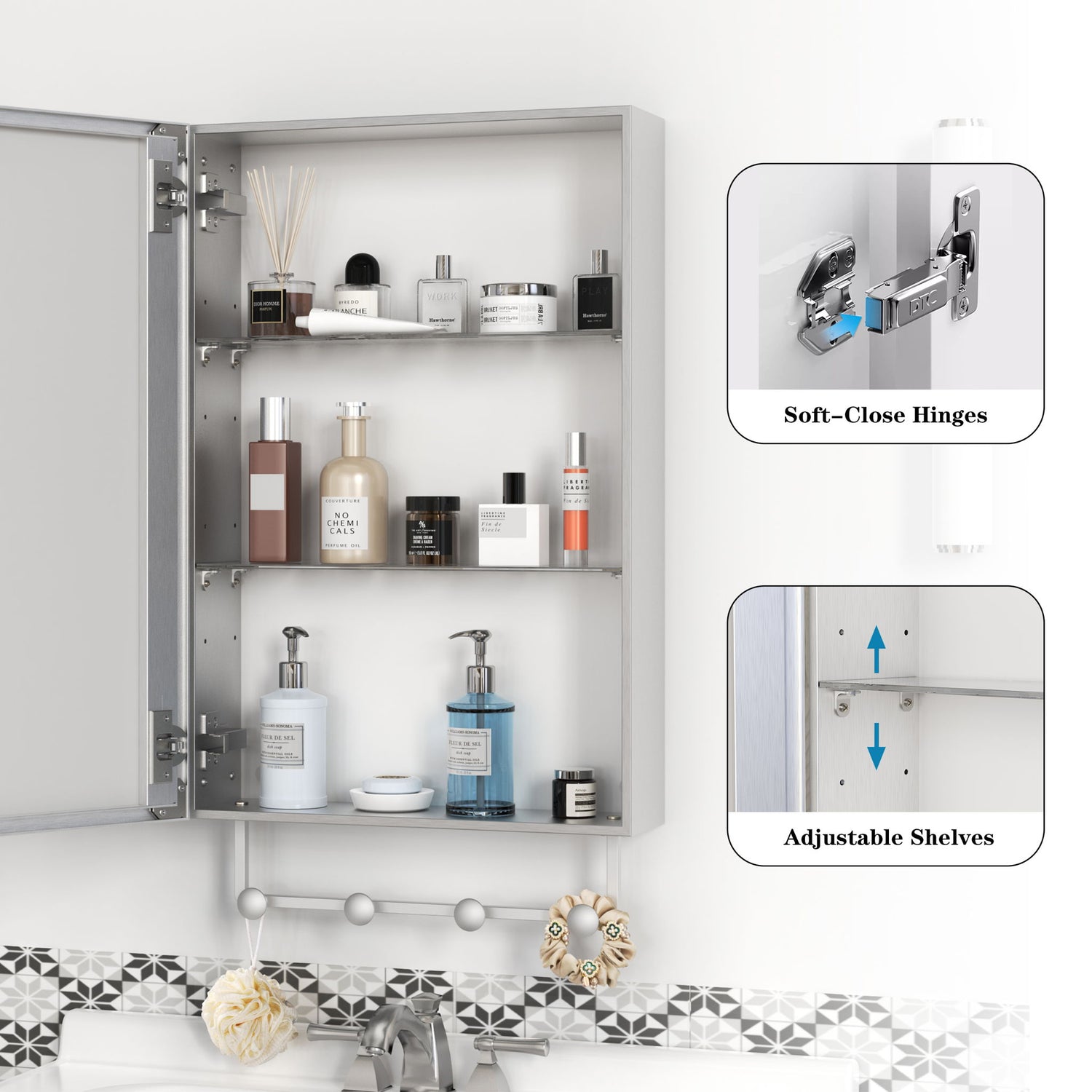 Medicine Cabinet, Wall Mounted Bathroom Mirror With Storage, Adjustable Shelves - Silver