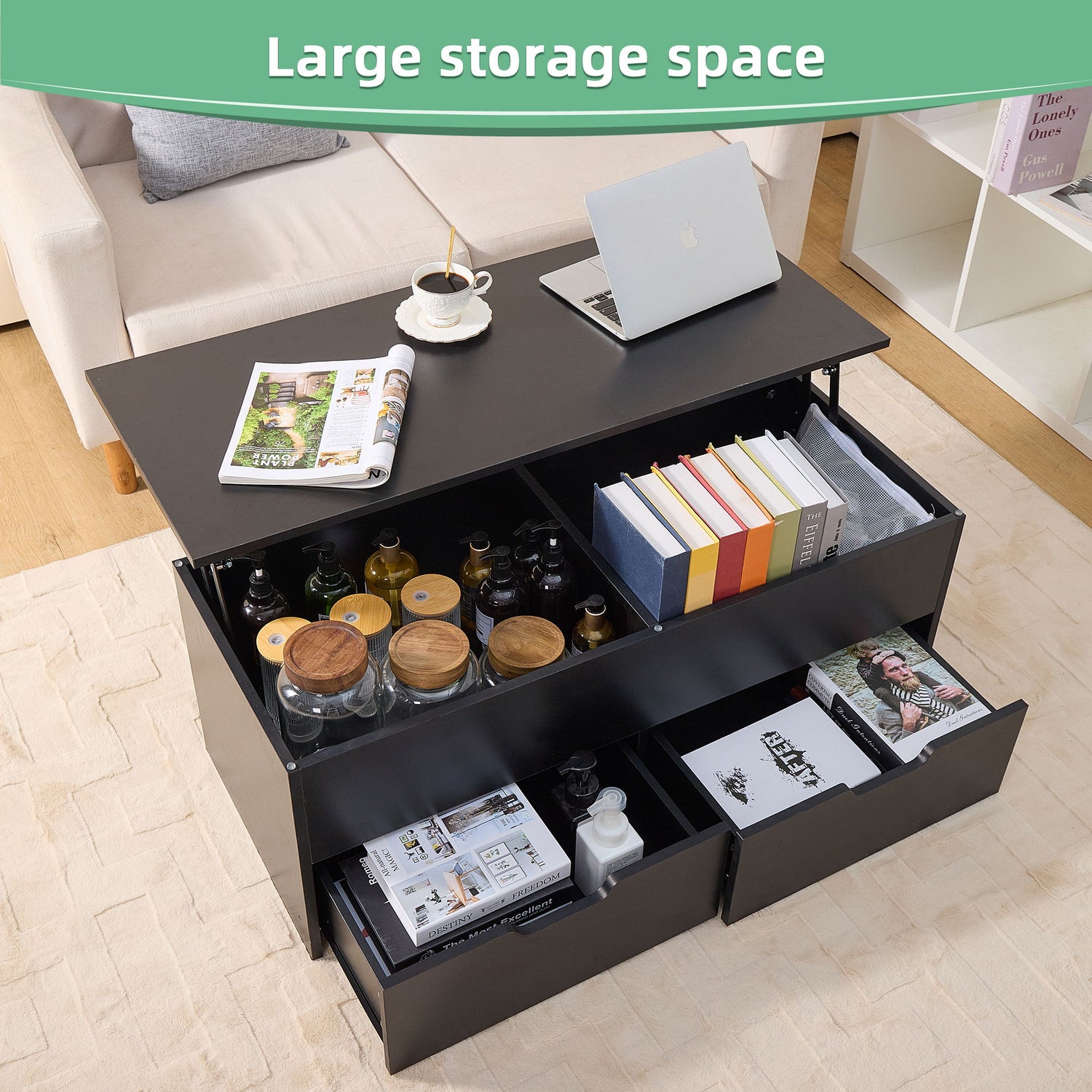 Lift-Top Coffee Table With Storage Center Tables Hidden Compartment &amp; 2 Drawers, Sofa Table For Living Room - Black