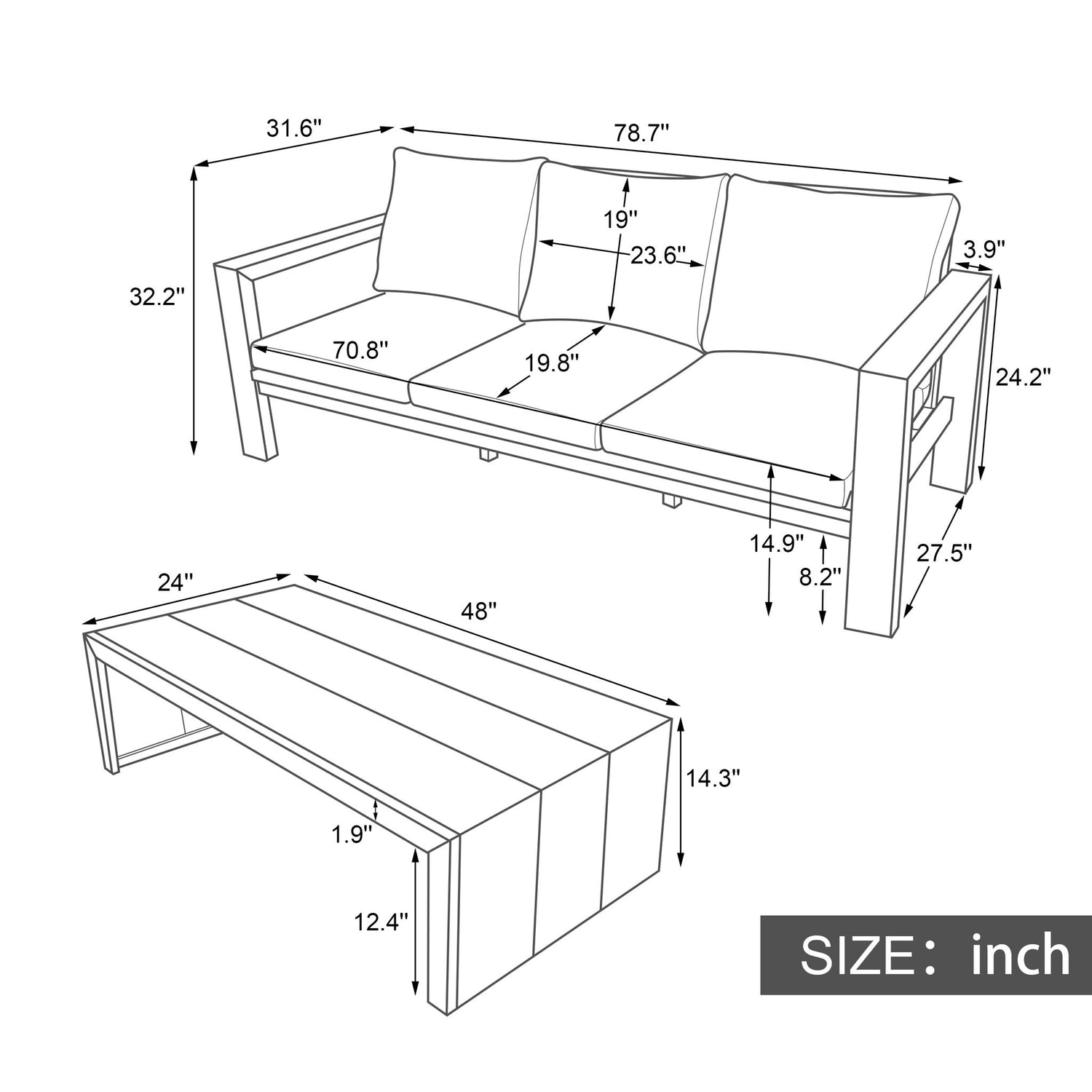 3 Seater Patio Set, Outdoor Sofa &amp; Coffee Table Set