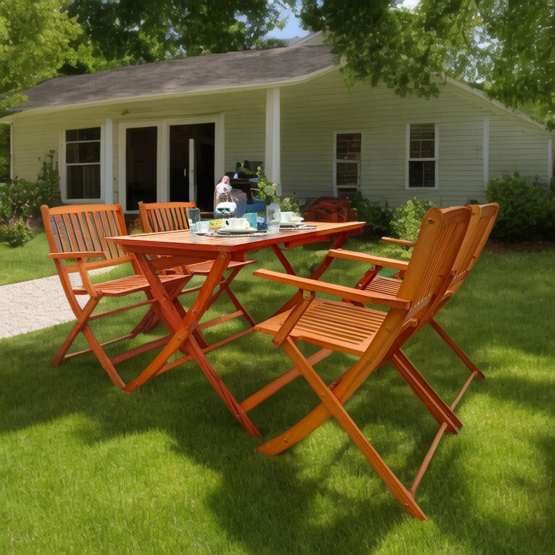 5 Piece Patio Dining Set, 4 Folding Chairs &amp; 1 Dining Table, Indoor And Outdoor Universal - Teak